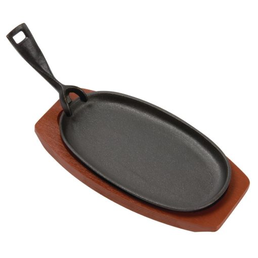 Olympia Cast Iron Oval Sizzler with Wooden Stand 240mm (F464)