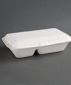 Fiesta Green Compostable Bagasse Two-Compartment Hinged Food Containers 253mm (Pack of 200) (FC524)