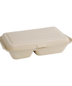 Fiesta Green Compostable Bagasse Two-Compartment Hinged Food Containers Natural Colour 253mm (Pack of 200) (FC541)