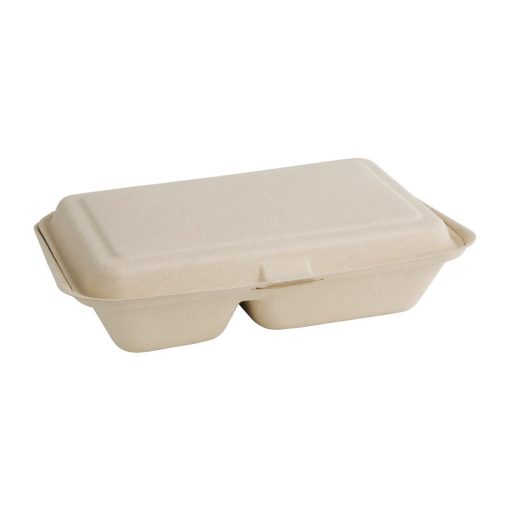 Fiesta Green Compostable Bagasse Two-Compartment Hinged Food Containers Natural Colour 253mm (Pack of 200) (FC541)
