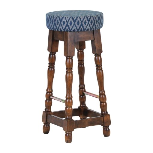 Classic Rubber Wood High Bar Stool with Blue Diamond Seat (FT402)