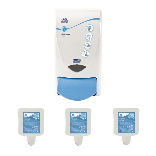Deb Clear Foam Soap Dispenser and 3 Unperfumed Foam Hand Soaps 1Ltr (SA456)