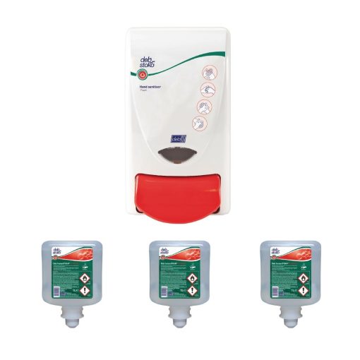 Deb Hand Sanitiser Dispenser and 3 Unperfumed Foam Hand Sanitisers 1Ltr (SA457)