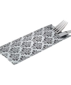 Europochette White with Vintage Design Cutlery Pouch with Black Napkin Pack of 100 (CK238)