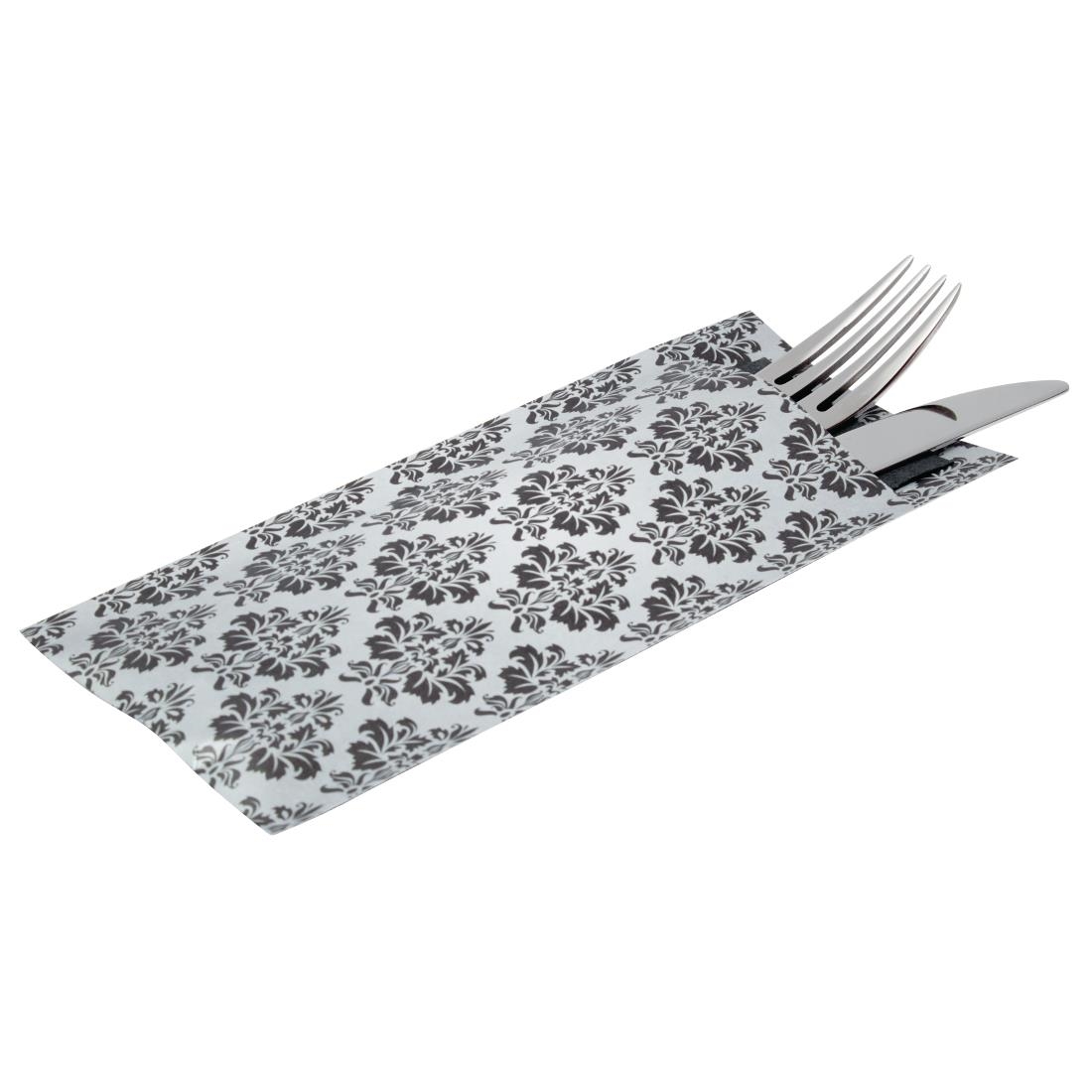 Europochette White with Vintage Design Cutlery Pouch with Black Napkin Pack of 100 (CK238)