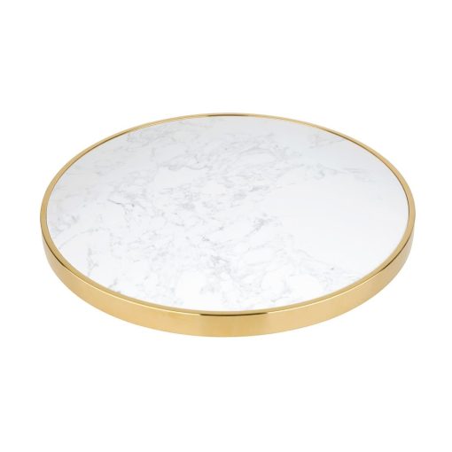 Bolero Round Marble Tabletop with Brass Effect Rim White 600mm (CY968)