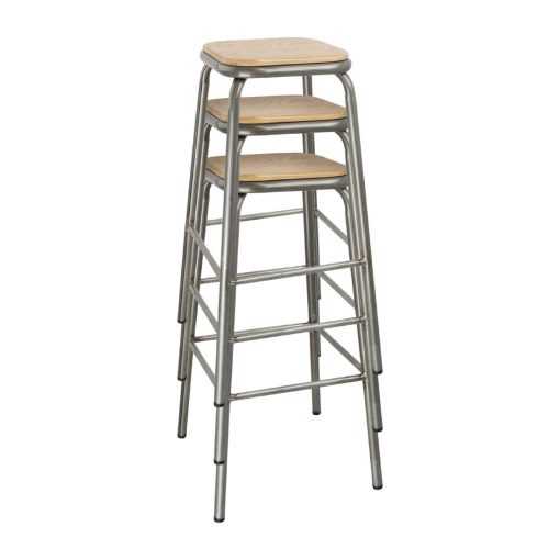 Bolero Galvanised Steel High Stools with Wooden Seatpad Pack of 4 (DE479)