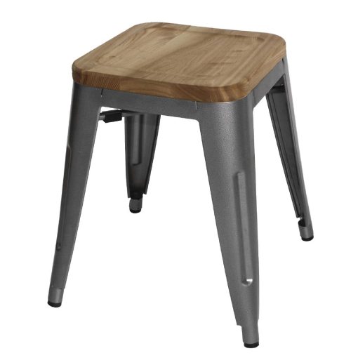 Bolero Bistro Low Stools with Wooden Seat Pad Gun Metal Pack of 4 (GM636)