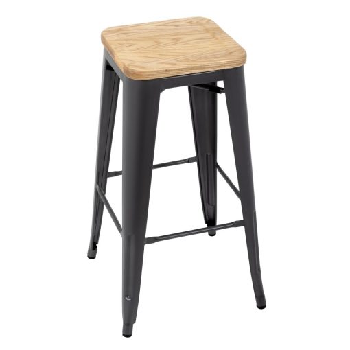 Bolero Bistro High Stools with Wooden Seat Pad Gun Metal Pack of 4 (GM639)