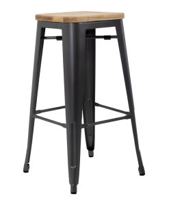 Bolero Bistro High Stools with Wooden Seat Pad Gun Metal Pack of 4 (GM639)