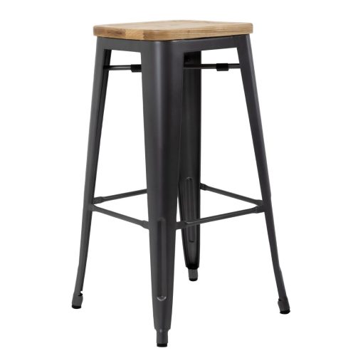 Bolero Bistro High Stools with Wooden Seat Pad Gun Metal Pack of 4 (GM639)