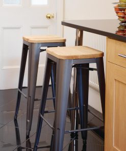 Bolero Bistro High Stools with Wooden Seat Pad Gun Metal Pack of 4 (GM639)