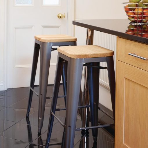 Bolero Bistro High Stools with Wooden Seat Pad Gun Metal Pack of 4 (GM639)