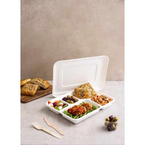 Vegware 5 Compartment Bagasse Meal Trays with Lid Pack of 200 (CU546)