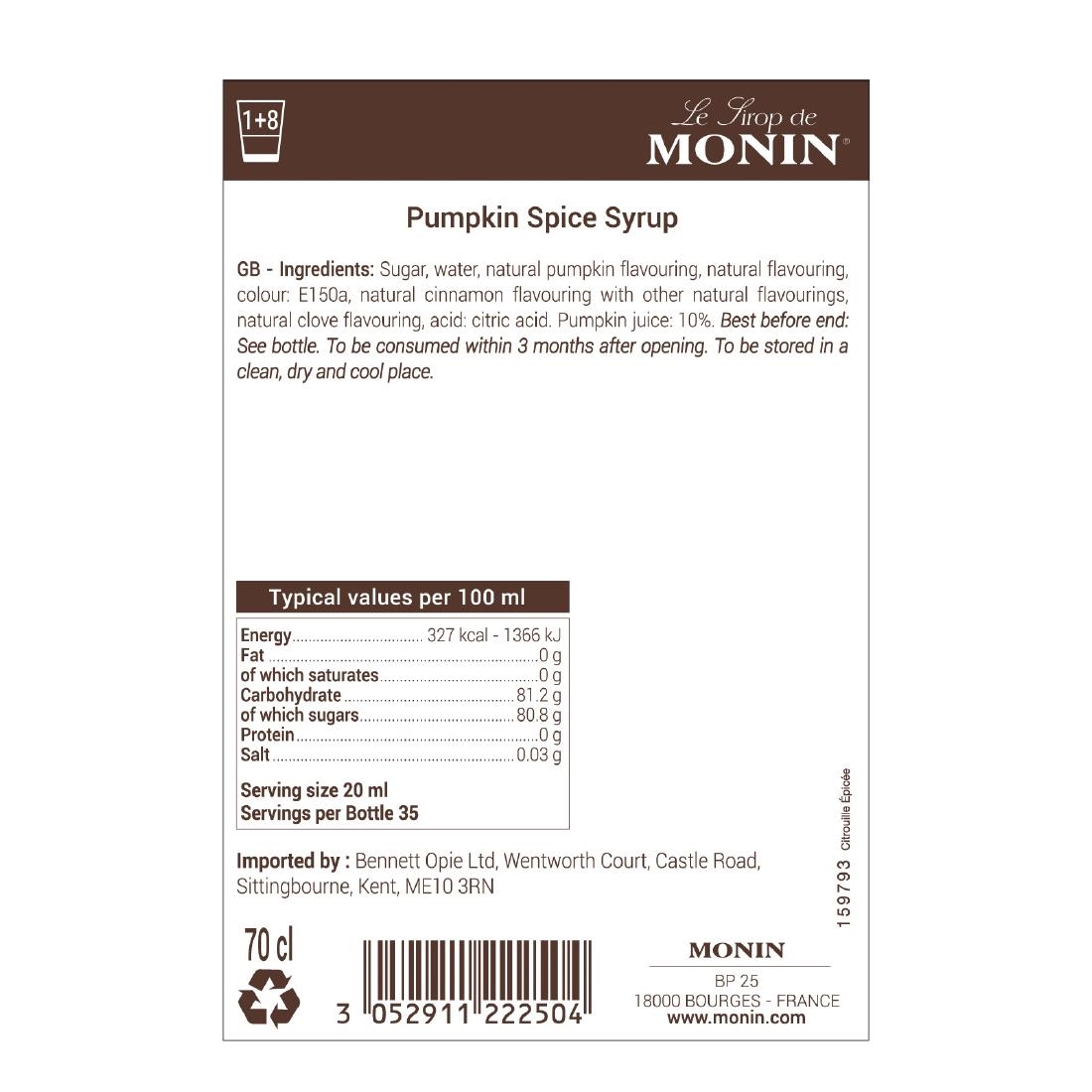 Monin Premium Pumpkin Spice Syrup 700ml (FU446)