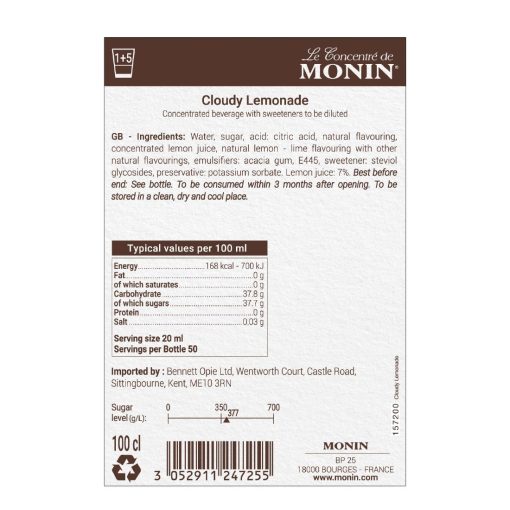 Monin Premium Cloudy Lemonade Concentrate 1Ltr (FU454)