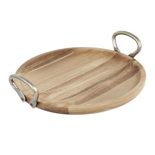 Olympia Round Dish Acacia Wood With Metal Handles 345x305x80mm (HX388)