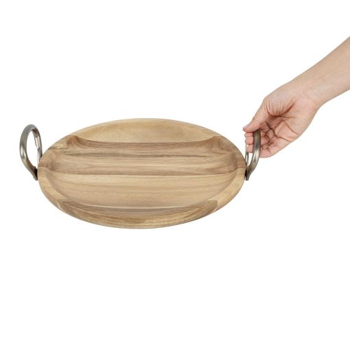 Olympia Round Dish Acacia Wood With Metal Handles 345x305x80mm (HX388)