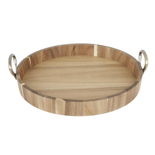 Olympia Round Tray Acacia Wood with Metal Handles 440x405x100mm (HX393)