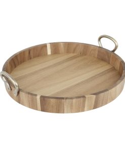 Olympia Round Tray Acacia Wood with Metal Handles 440x405x100mm (HX393)