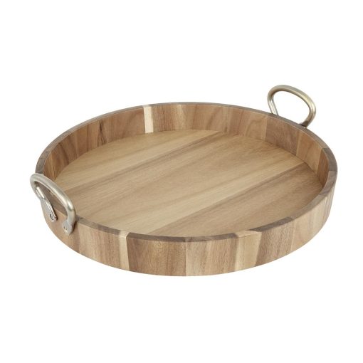 Olympia Round Tray Acacia Wood with Metal Handles 440x405x100mm (HX393)