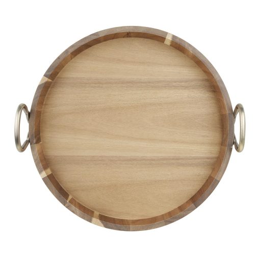 Olympia Round Tray Acacia Wood with Metal Handles 440x405x100mm (HX393)