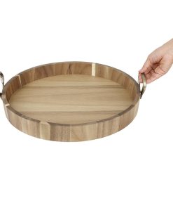 Olympia Round Tray Acacia Wood with Metal Handles 440x405x100mm (HX393)