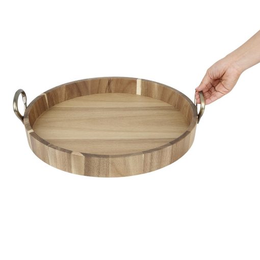 Olympia Round Tray Acacia Wood with Metal Handles 440x405x100mm (HX393)