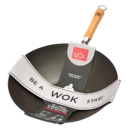 Dexam School of Wok Pre-Seasoned Carbon Steel Flat Base Wok 305mm (DZ885)