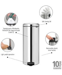 Brabantia NewIcon Pedal Bin Bucket Brilliant Steel 30Ltr (HU172)