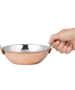 Olympia Copper Kadai Dish Stainless Steel Brass Handles 660ml (HY129)