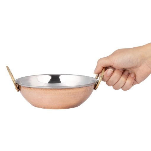 Olympia Copper Kadai Dish Stainless Steel Brass Handles 660ml (HY129)