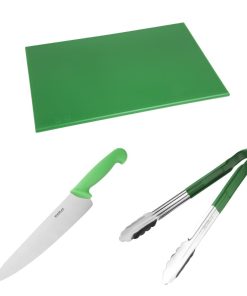 Hygiplas Colour Coded Green Set - Tong Chopping Board and Cooks Knife 3 Pack (SA791)