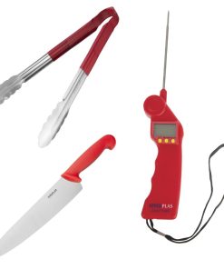Hygiplas Colour Coded Red Set - Tong Thermometer and Cooks Knife 3 Pack (SA792)