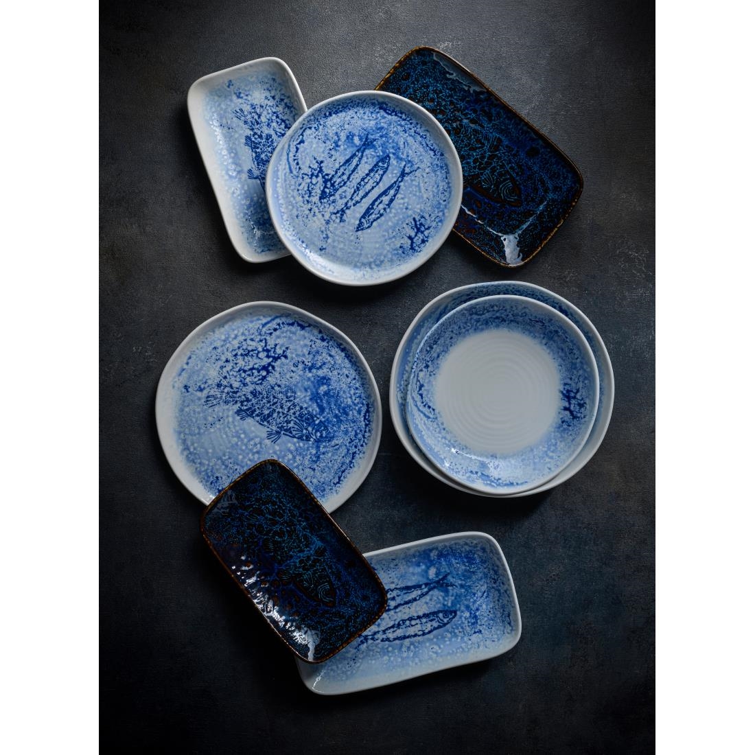 Churchill Inked Fresco Natural Footed Plates Blue 255mm 6 Pack (JN157)